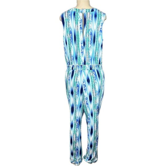 Kate & Mallory L Blue-Teal Print Shirred Waist Slit Back Sleeveless Jumpsuit - Picture 4 of 6